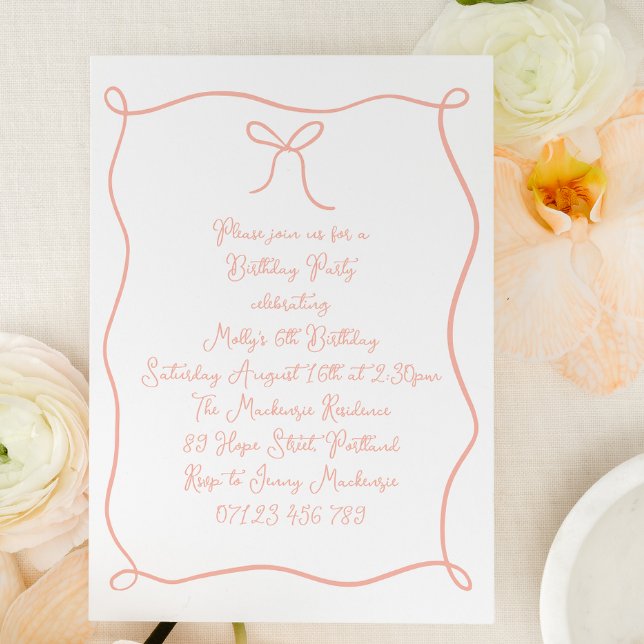 Blush Hand Drawn Bow Girl's Birthday Party Invitation (Creator Uploaded)