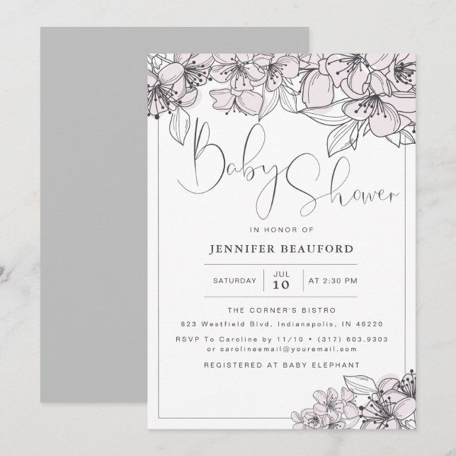 Blush Hand Drawn Floral Flowers Baby Girl  Shower Invitation (Front/Back)