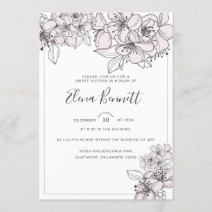 Blush Hand Drawn Flowers Sweet Sixteen Invitation