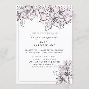 Blush Hand Drawn Flowers Wedding Invitatation Invitation