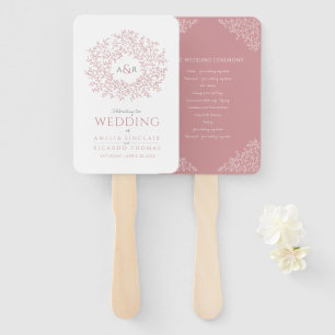 Blush hand drawn leaf monogram art wedding program fan