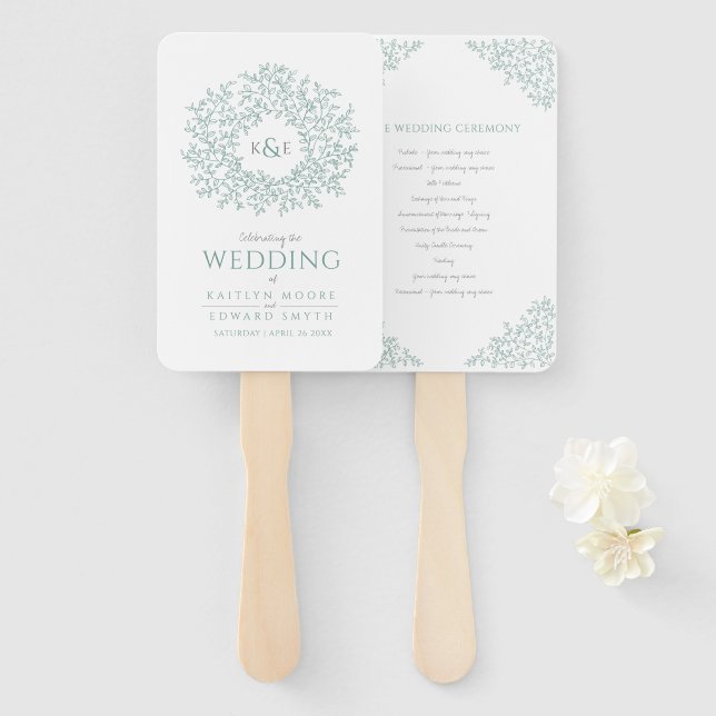 Blush hand drawn leaf monogram art wedding program hand fan (Front and Back)