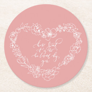 Blush heart floral line round paper coaster