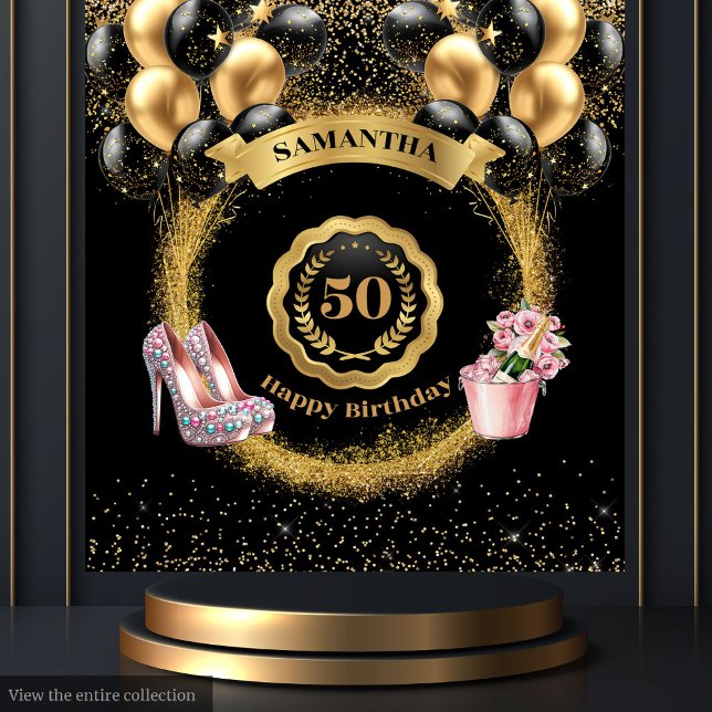 Blush High Heels Gold Glitter 50th Birthday Banner Tapestry (Blush High Heels Gold Glitter 50th Birthday Banner Tapestry)