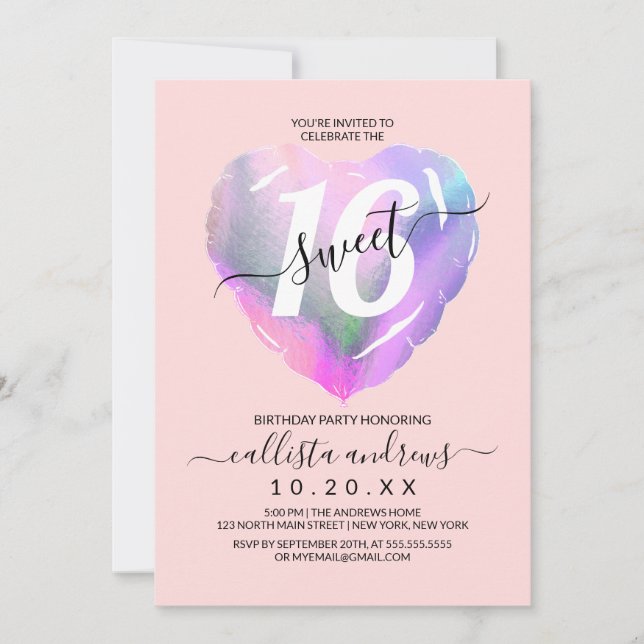 Blush Holographic Foil Heart Balloon Sweet 16 Invitation (Front)