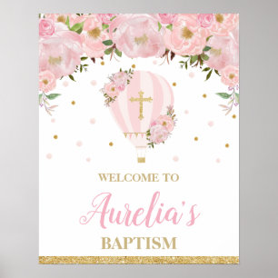 Blush Hot Air Balloon Christening Baptism Welcome Poster
