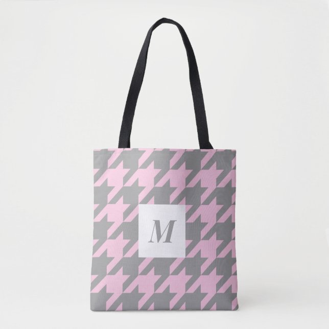 Blush Houndstooth Monogrammed Tote Bag (Front)