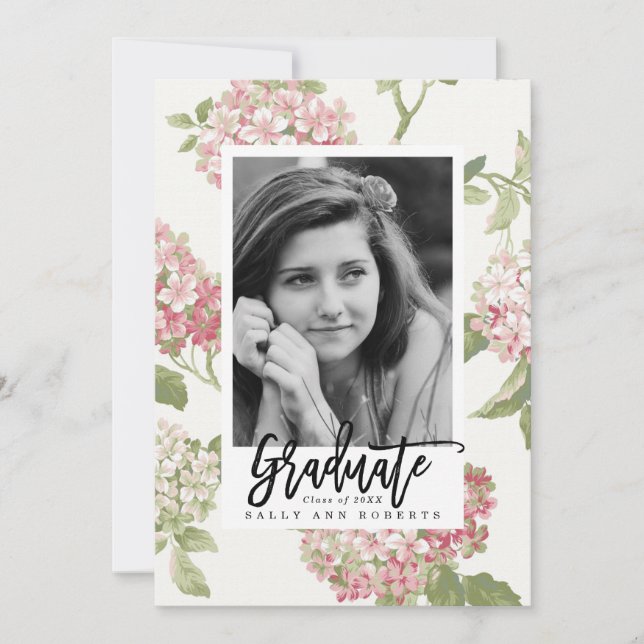 blush hydrangea photo graduation card (Front)