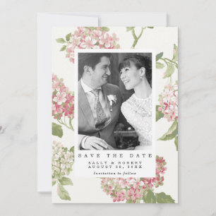 blush hydrangea photo wedding save the date card