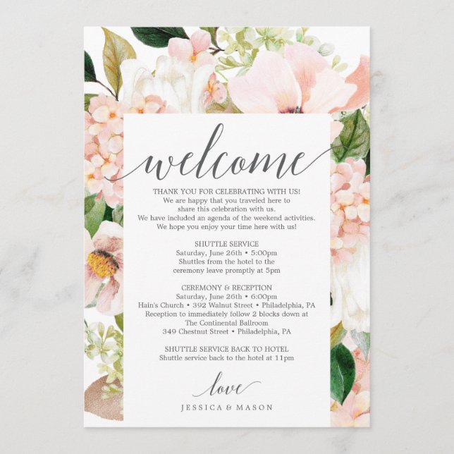 Blush Hydrangea Wedding Welcome Itinerary Letter Programme (Front)