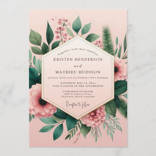Blush Illustrative Peony Wedding Invitation (Front)