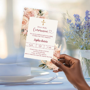 Blush Ivory dusty rose florals cleFirst Communion Acrylic Invitations