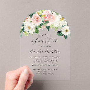 Blush Ivory Elegant Floral Arch Sweet Sixteen Acrylic Invitations