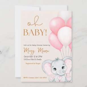 Blush Ivory Elephant Pink Balloons Baby Shower  Invitation