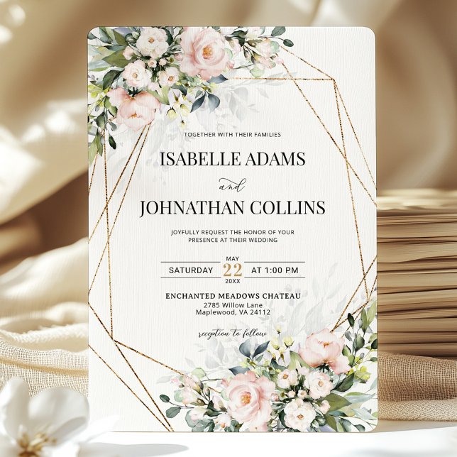 Blush Ivory Floral Gold Geometric Wedding  Invitation (Creator Uploaded)