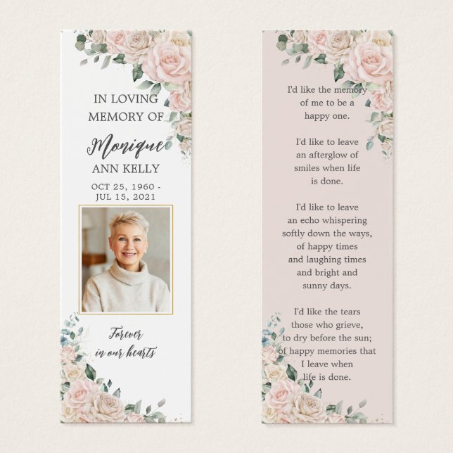 Blush Ivory Floral Photo Funeral Memorial Bookmark (Front & Back)