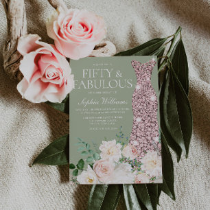Blush Ivory Floral Sage Rose Gold 50th Birthday Invitation