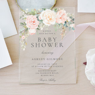 Blush & Ivory Floral Watercolor Baby Shower Acrylic Invitations