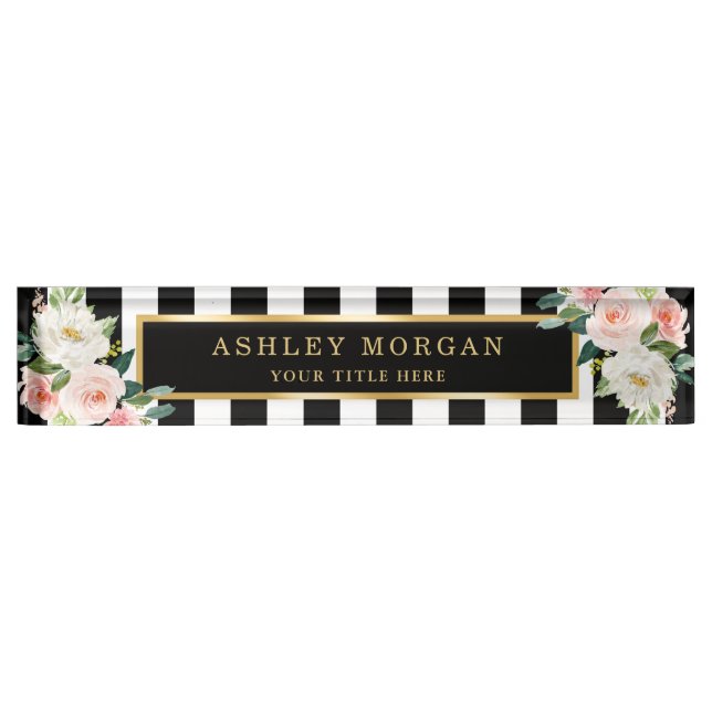 Blush Ivory Floral with Gold Black White Stripes Nameplate (Front)