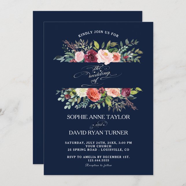 Blush Ivory Flowers Frame Burgundy Wedding Invitation (Front/Back)