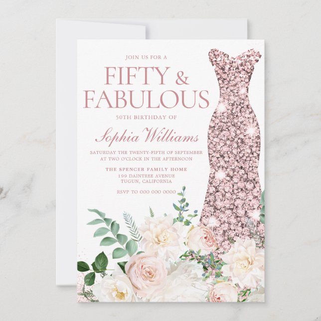 Blush & Ivory Flowers Rose Gold Gown 50th Birthday Invitation (Front)