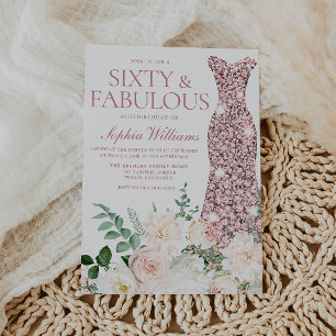Blush & Ivory Flowers Rose Gold Gown 60th Birthday Invitation