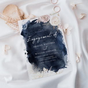 Blush & Ivory, Navy Watercolor Engagement Party Invitation