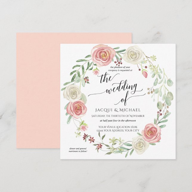 Blush Ivory Rose Wreath Foliage Wedding Watercolor Invitation (Front/Back)