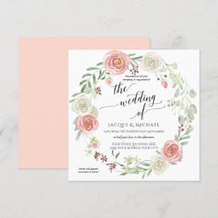 Blush Ivory Rose Wreath Foliage Wedding Watercolor Invitation