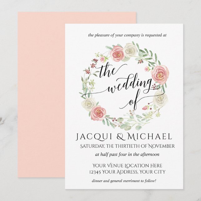 Blush Ivory Roses w Leaf Wreath Wedding Invitation (Front/Back)