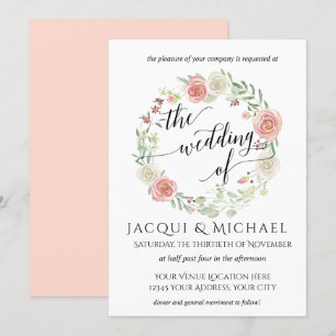 Blush Ivory Roses w Leaf Wreath Wedding Invitation