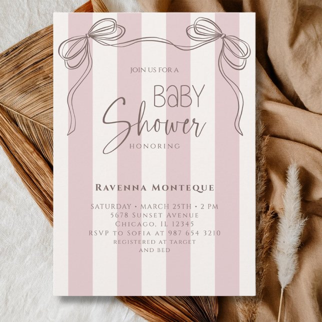 Blush Ivory Stripes Hand Drawn Bow Baby Shower Invitation (Creator Uploaded)