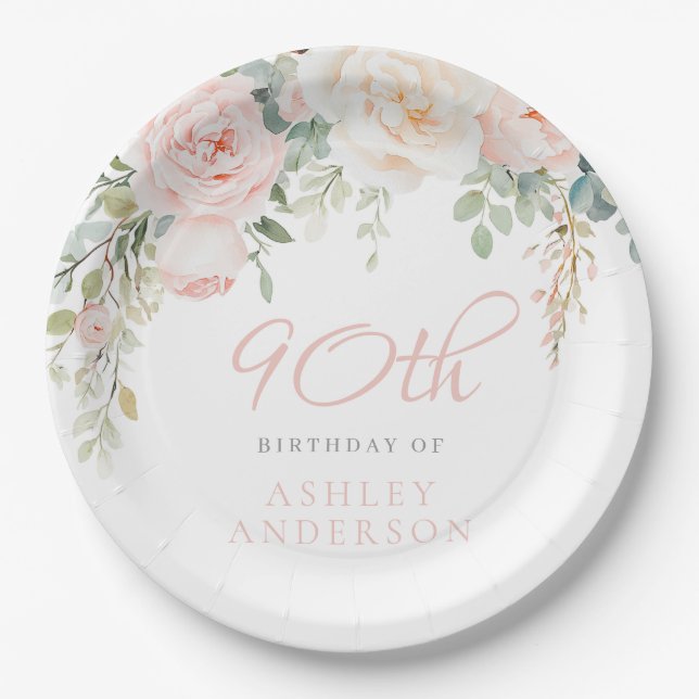 Blush & Ivory Womans 90th Birthday Paper Plate (Front)