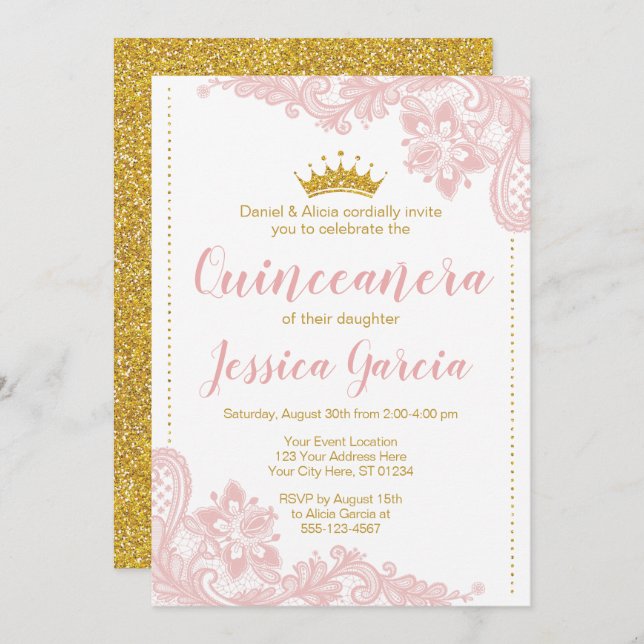Blush Lace and Glitter Gold Princess Quinceañera Invitation (Front/Back)