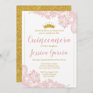 Blush Lace and Glitter Gold Princess Quinceañera Invitation