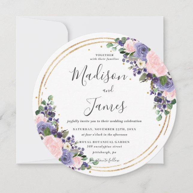 Blush Lavender Floral Wedding Gold Glitter Circle Invitation (Front)