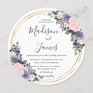 Blush Lavender Floral Wedding Gold Glitter Circle Invitation