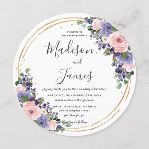 Blush Lavender Floral Wedding Gold Glitter Circle Invitation