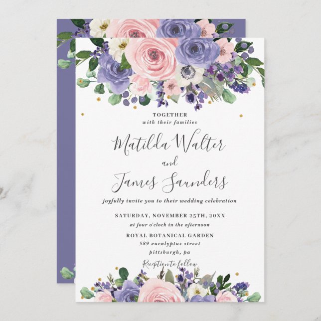 Blush Lavender Purple Floral Greenery Wedding Invitation (Front/Back)