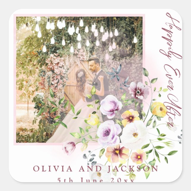 Blush Lavender Purple Floral Happily Ever After  Square Sticker (Front)