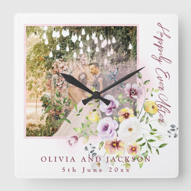 Blush Lavender Purple Floral Happily Ever After  Square Wall Clock (Front)
