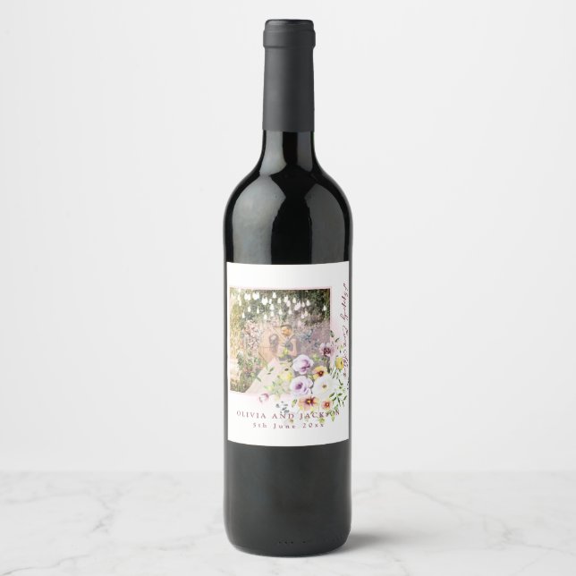 Blush Lavender Purple Floral Happily Ever After  Wine Label (Front)