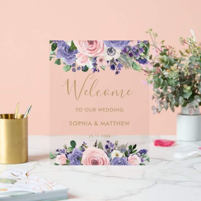 Blush Lavender Purple Floral Wedding Welcome Acrylic Sign (Wedding)