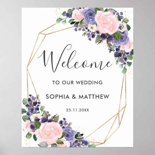 Blush Lavender Purple Floral Wedding Welcome Sign (Front)