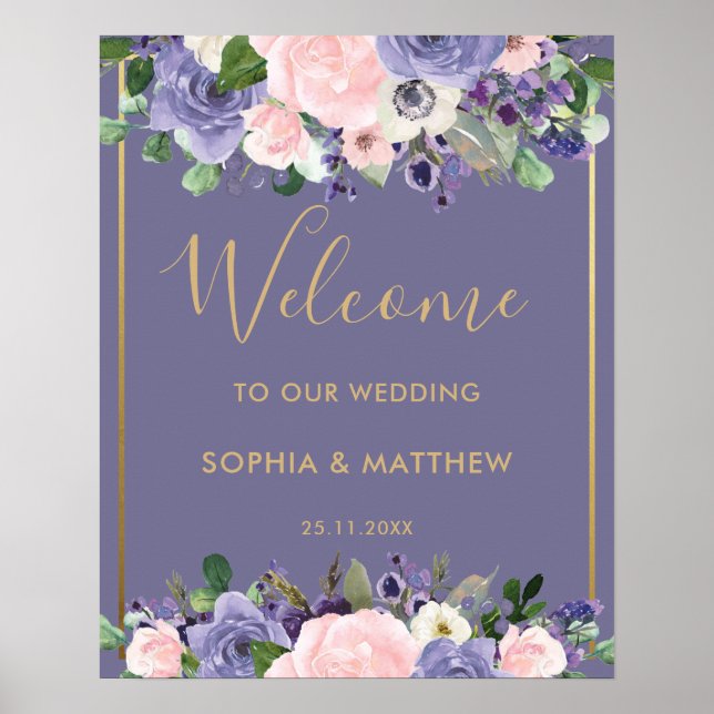 Blush Lavender Purple Floral Wedding Welcome Sign (Front)