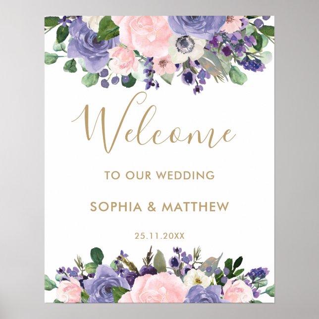 Blush Lavender Purple Floral Wedding Welcome Sign (Front)
