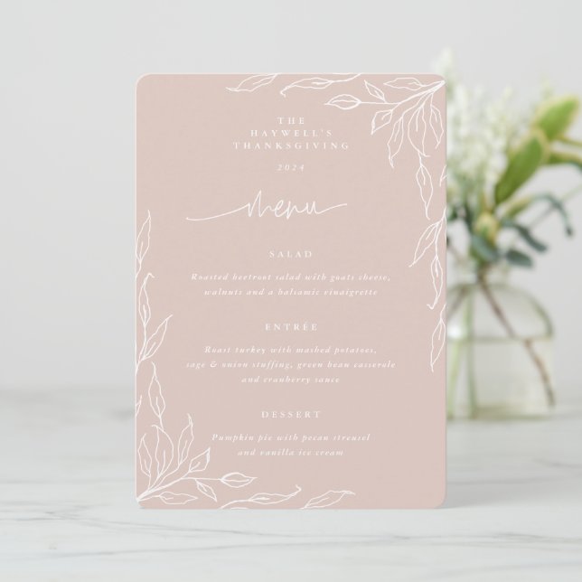Blush Leaf Motif Thanksgiving Dinner Menu (Standing Front)