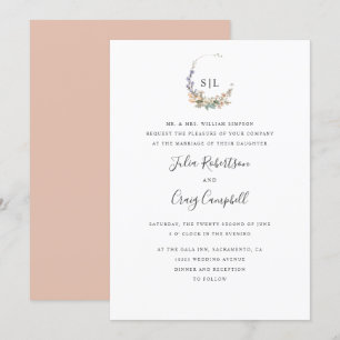Blush leaves and flower  formal monogram wedding invitation
