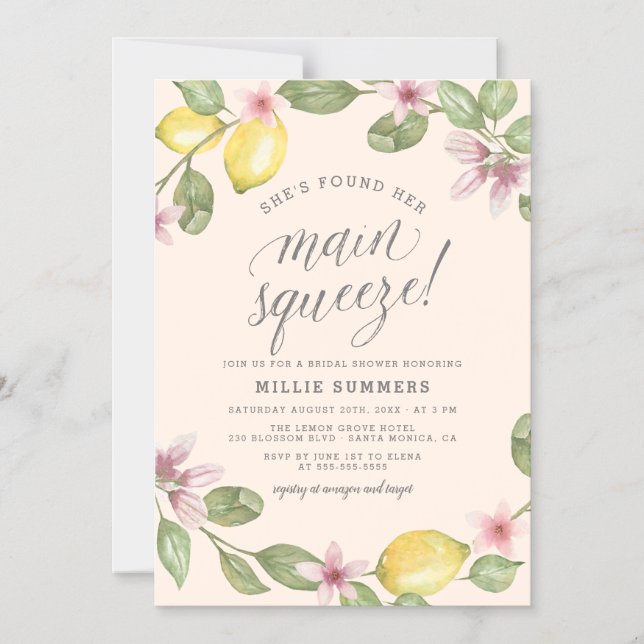 Blush | Lemon Wreath Main Squeeze Bridal Shower Magnetic Invitation (Front)