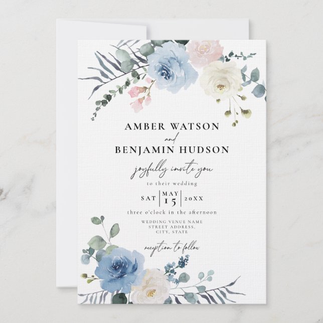 Blush Light Blue Beach Tropical Floral Wedding Invitation (Front)